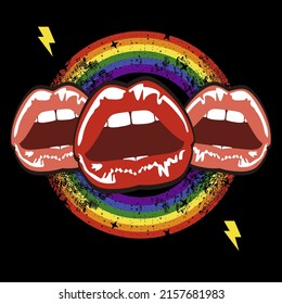 Diseño de camisetas de tres bocas sensuales unidas por un arco iris aislado en negro. Ilustración vectorial del Día del Orgullo Gay