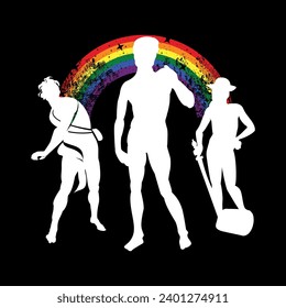 Diseño de camisetas de tres siluetas de hombres unidos por un arcoiris. Buena ilustración del orgullo gay, Tres esculturas de David, hechas por Miguel Ángel, Bernini y Rafael.