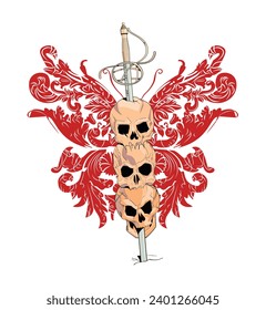 T-shirt design with three skulls skewered by a medieval sword. Illustration about the horrors of war.