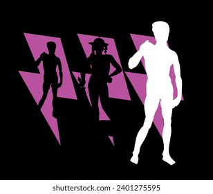 Diseño de camisetas de tres símbolos de perno violeta con siluetas de hombres desnudos. Estatuas de David hechas por Miguel Ángel y David por Raphael.