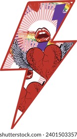 Diseño de camisetas del símbolo del trueno con corazón alado. Glam rock lips.