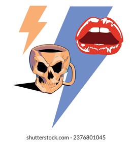 T-Shirt-Design des Bolzen-Symbols zusammen mit sexy Lippen und einem Schädelmug. Glam-Rock-Poster.