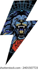 T-shirt design of the thunderbolt symbol along with an image of a roaring lion. vector illustration good for sports.