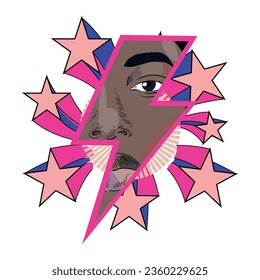 T-shirt design of the thunderbolt symbol with stars around it and a black person's face. Vector illustration for black history month.