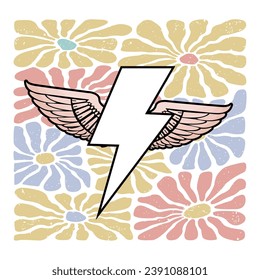 Diseño de la camiseta del símbolo del rayo con alas sobre un fondo de flores.