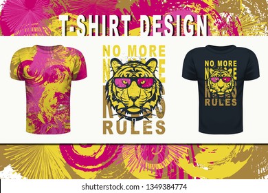 T-shirt design. tiger in glasses. Colored print for t-shirt and another, trendy apparel desig. Inscription No more rules. Vector illustrations  