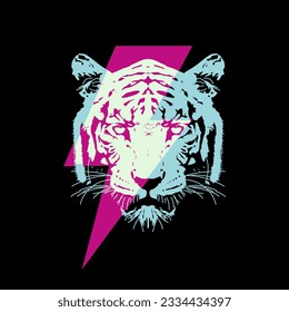 T-shirt design of a tiger head with the symbol of thunderbolt isolated on black. Vector illustration for posters