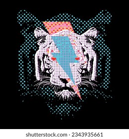 T-shirt design of a tiger head with the symbol of thunderboltisolated on black. Art pop for the textile industry.