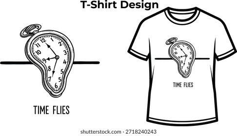 T-shirt design of Time flies typography with melting clock for surreal art logo, abstract dream badge, memory loss symbol and isolated on transparent vintage graphic illustration