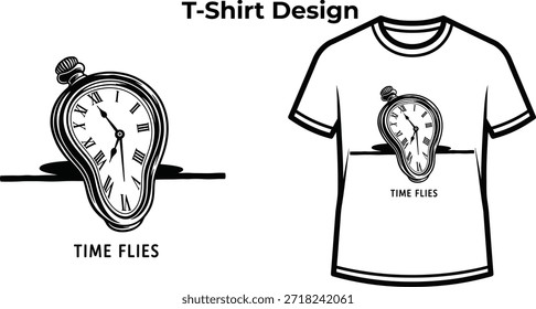 Design de camiseta da Time voa tipografia com relógio derretendo para logotipo surreal, emblema de sonho abstrato, emblema de perda de memória e isolado na ilustração gráfica de arte transparente