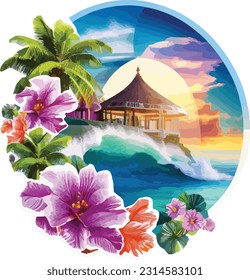 t-shirt design of tourist scenery of beach island