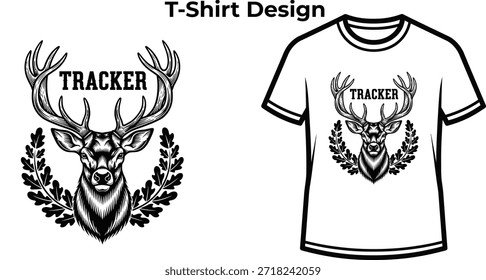 T-shirt design of Tracker typography with deer head inside sight for hunting logo, wild forest animal badge, nature buck emblem and isolated on transparent wildlife graphic illustration