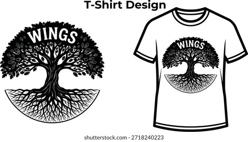 Diseño de la camiseta de la tipografía del árbol de la vida con raíces profundas para el logotipo de la naturaleza, insignia orgánica fuerte de la planta, emblema del ambiente de la ecología y aislado en la ilustración gráfica botánica transparente