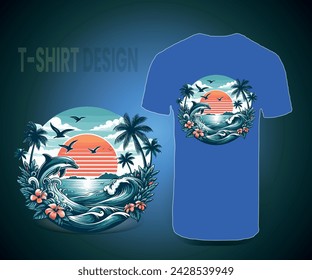 T-shirt design of tree with sunset sea of dolphin