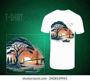 T-Shirt design of tree with sunset sea vacation