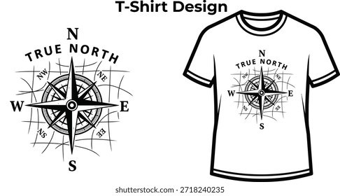 Diseño de la camiseta de la tipografía del norte verdadero con la brújula para el diseño del logotipo de la navegación, insignia de la aventura de la dirección del viaje, emblema del mapa de la exploración y aislado en la ilustración gráfica vintage transparente