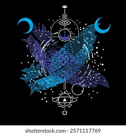 T-shirt design of two abstract blue and violet feathers crossed on a geometric image on a black background.