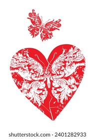 T-shirt design of two butterflies next to a red heart. Good illustration for Valentine's Day
