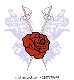 T-shirt design of two crossed swords and a red flower isolated on white. Vector illustration on cavalry themes.