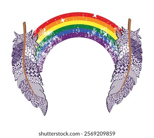 T-shirt design of two feathers joined by a rainbow. Gay pride. Ideal image for Valentine's Day.