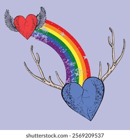 T-shirt design of two hearts joined by a rainbow. Gay pride.