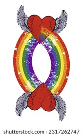 t-shirt design of two intertwined winged hearts through a multicolored rainbow. Vector illustration for gay pride day.