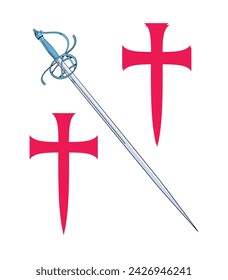 T-shirt design of two large medieval crosses next to an ancient inclined sword. Illustration for cavalry themes.