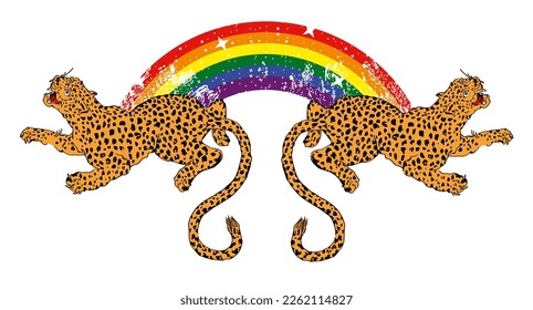 Diseño de camisetas de dos leopardos unidos por un arco iris. Ilustración vectorial del Día del Orgullo Gay