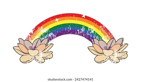 T-shirt design of two lotus flowers joined by a multicolored rainbow. Gay pride.