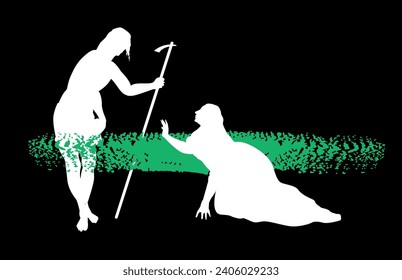 T-shirt design of two silhouettes of a kneeling woman and a standing man. Illustration of the painting called Noli Me Tangere by Titian.