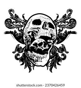 T-shirt design of two skulls and arabesques in black and white. Vector illustration good for satanic tattoos.