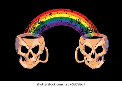 T-shirt design of two skull-shaped mugs joined by a multicolored rainbow isolated on black. Good illustration for gay pride day.