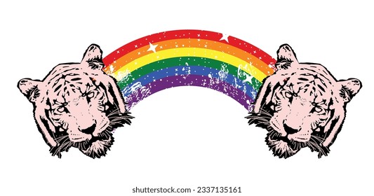 T  shirt design two tiger heads joined by rainbow  Vector illustration for gay pride day 