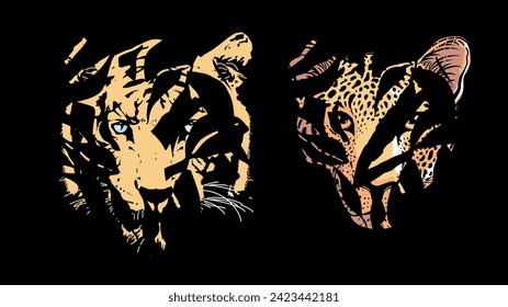 Diseño de camisetas de dos cabezas de tigre y leopardo escondidas detrás de las hojas.