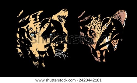 T-shirt design of two tiger and leopard heads hiding behind the leaves.
