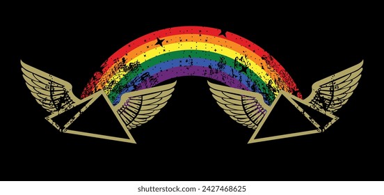 T-shirt design of two winged Egyptian pyramids joined by a multicolored rainbow on a black background. Gay pride.