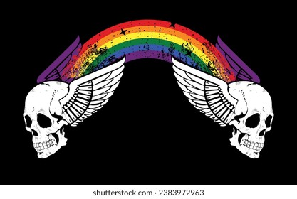 Diseño de camisetas de dos cráneos alados unidos por un arco iris. Buen ejemplo del Día del Orgullo Gay.