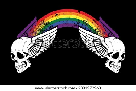 T-shirt design of two winged skulls joined by a rainbow. Good illustration for gay pride day.