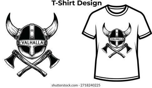 Diseño de camiseta de la tipografía del Valhalla con casco vikingo y hachas para el logotipo del guerrero, insignia de historia nórdica antigua, emblema de batalla medieval y aislado en ilustración gráfica transparente