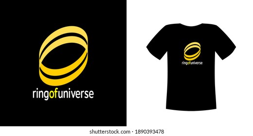 T-shirt design vector, with 2 layers of rings in gold yellow on black cloth with the text "ring of universe", customizable for different background colors