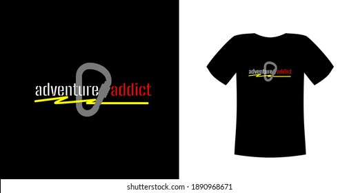 T-shirt design vector, with a gray carabiner illustration shape on a dark cloth with the text "adventure addict", can be adjusted for other different background colors