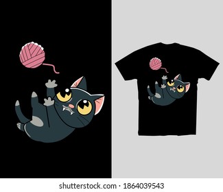 T-shirt design with vector illustration of cat playing ball of yarn