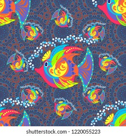 T-shirt design. Vector illustration. Embroidery vintage fish, water seamless pattern, japanese pattern. Classical embroidery, blue, violet and orange colors.