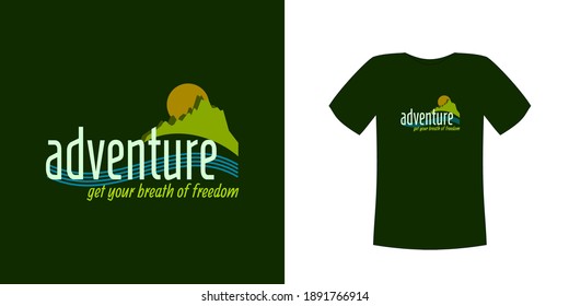 T-shirt design vector, with mountains, moon and waves shapes on dark cloth with "adventure get your breath of freedom" text, customizable for different background colors