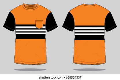 T-Shirt Design Vector with Orange/Black Colors and White Lines Printed, One Pocket.