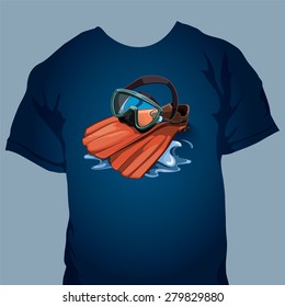 T-shirt design with vector picture. Water mask and red flippers