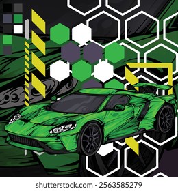 T-shirt design with vector racing car illustration, eps 10, editable.