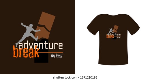 T-Shirt-Design-Vektorgrafik, mit der Form einer Person, die auf einem dunklen Tuch mit dem Text "Abenteuer bricht die Grenze" springt, kann für andere verschiedene Hintergrundfarben angepasst werden