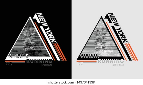 t-shirt design vector for silkscreen printing. New York athletic sports running on abstract line and geometry triangle background black and gray