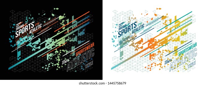 T-shirt Design Vector For Silkscreen Printing Athletic Sports Fitness On Abstract Geometry Triangle Background Black And White